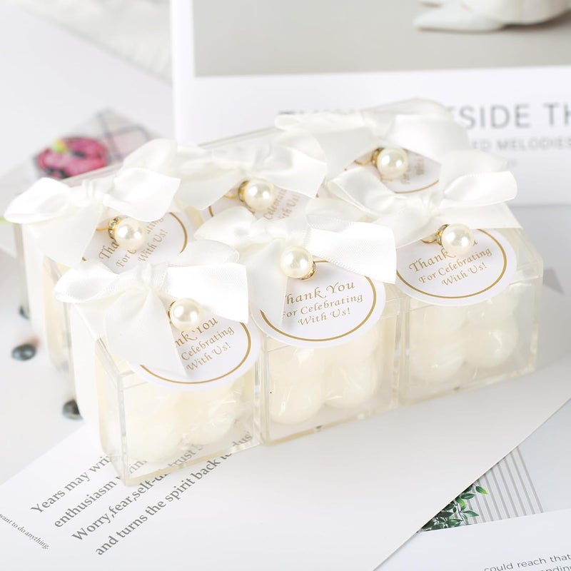 ACITHGL 30 Sets Fully Assembled Small Bubble Candle Party Favors for Guests Bulk Bridal Showers Favors Candles with Stylish Ribbons Thank You Cards Gifts (White) - Image 5